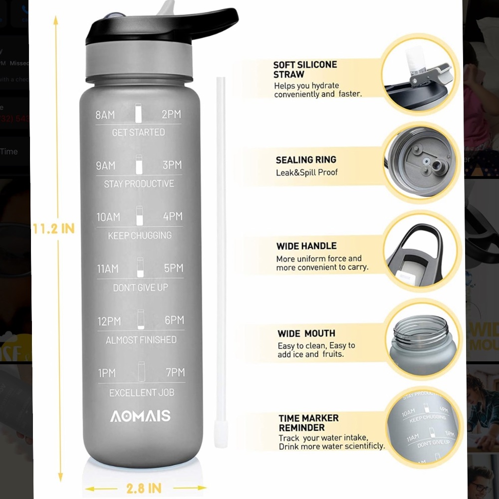 36oz Water Bottle Time Marker & Straw